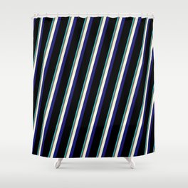 [ Thumbnail: Eye-catching Aqua, Dim Gray, Beige, Midnight Blue & Black Colored Stripes Pattern Shower Curtain ]