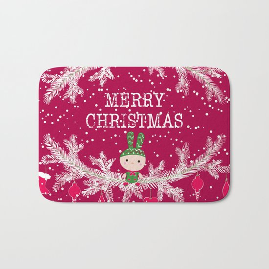 Merry christmas and happy new year greeting card wreath with cute toy bunny background Bath Mat