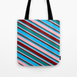 [ Thumbnail: Teal, Deep Sky Blue, Light Pink, and Maroon Colored Striped Pattern Tote Bag ]