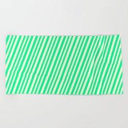 [ Thumbnail: Light Yellow and Green Colored Lined/Striped Pattern Beach Towel ]