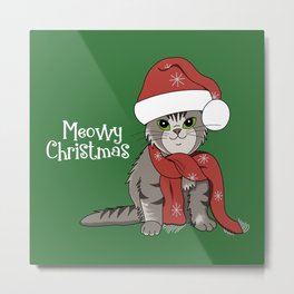 Cat Lover’s Meowy Christmas Santa Cat With Green Background Metal Print | Catlover, Winter, Catdad, Santaclaws, Santacat, Greycat, Xmas, Santapaws, Meowychristmas, Graytabby 