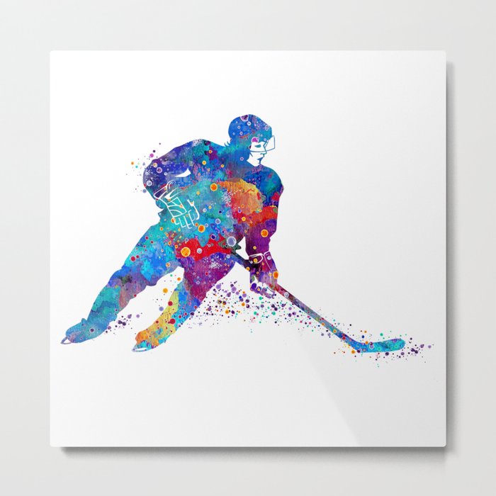 Ice Hockey Player Girl Watercolor Silhouette Metal Print