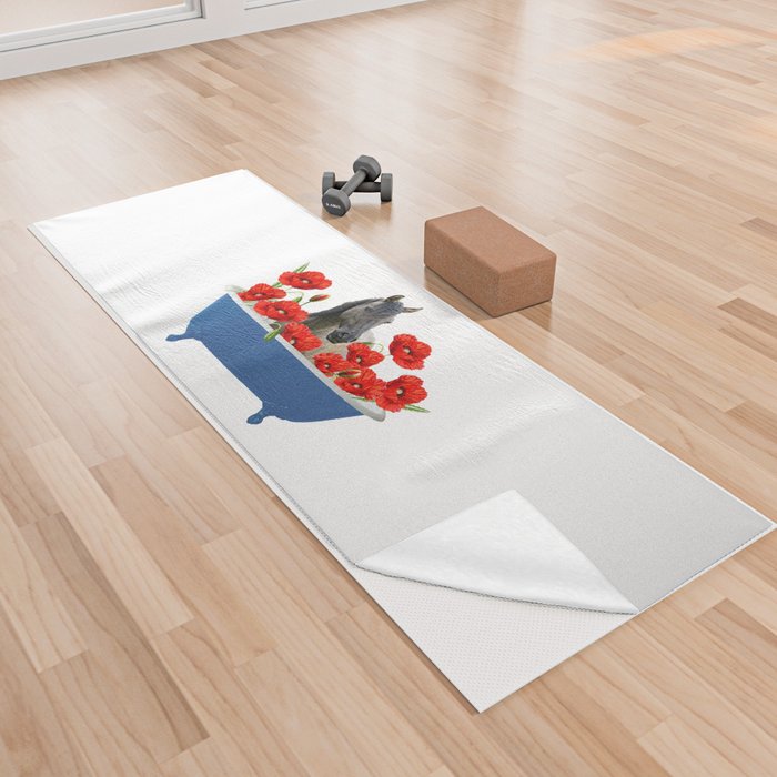 Grey Horse Poppies Blossom Flowers blue Bathtub Yoga Towel