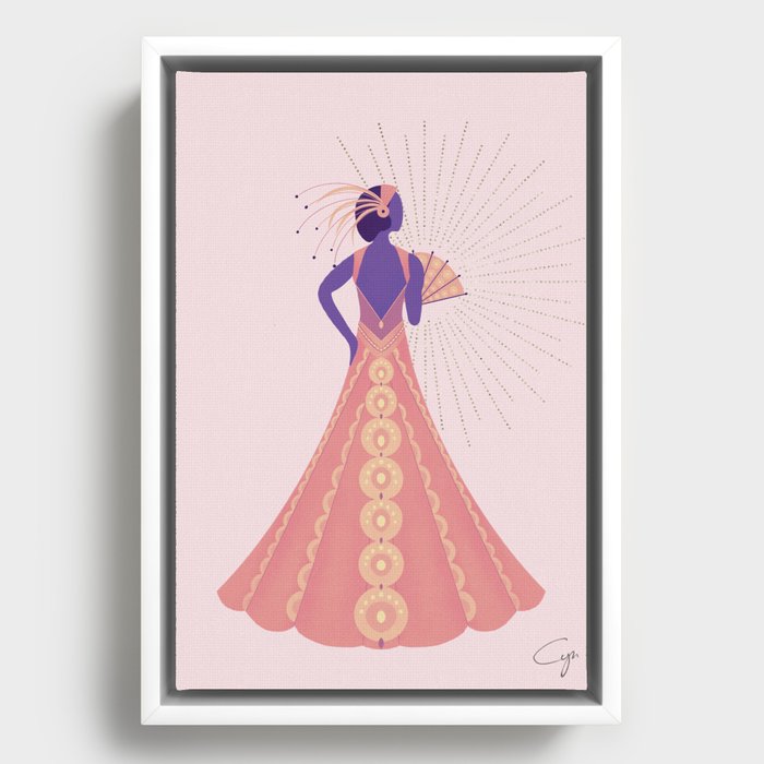 Art Deco sunset peacock dress Framed Canvas