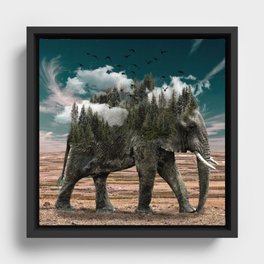 Elephant Surreal Art w/ Trees, Clouds, and Birds Framed Canvas