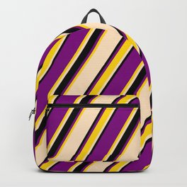 [ Thumbnail: Purple, Yellow, Bisque, and Black Colored Pattern of Stripes Backpack ]