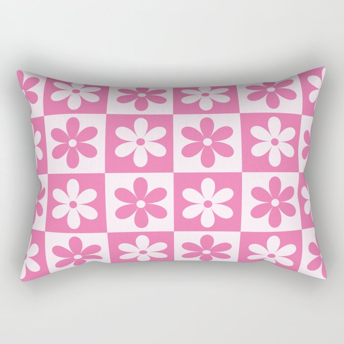 Hot pink and white checkered cute retro flower pattern Rectangular Pillow
