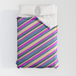 [ Thumbnail: Tan, Fuchsia, Blue, and Dark Slate Gray Colored Stripes Pattern Comforter ]