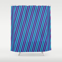 [ Thumbnail: Dark Turquoise & Purple Colored Pattern of Stripes Shower Curtain ]