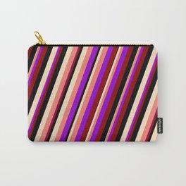 [ Thumbnail: Vibrant Dark Violet, Dark Red, Black, Bisque, and Salmon Colored Stripes Pattern Carry-All Pouch ]