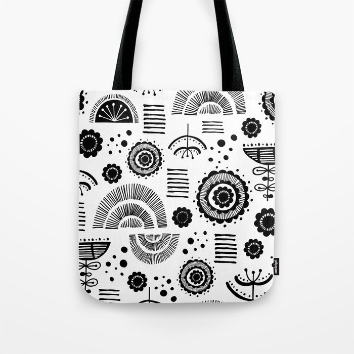 Black & White Scandi Floral Print  Tote Bag