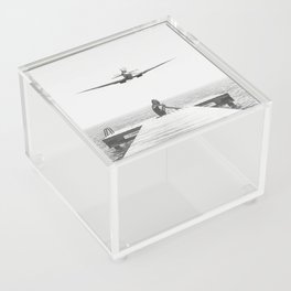 Steady As She Goes; aircraft coming in for an island landing black and white photography- photographs Acrylic Box