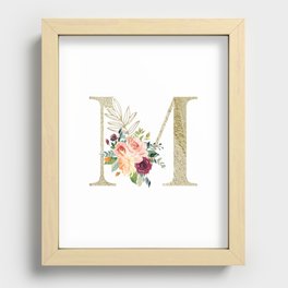 M Monogram Gold Foil Initial with Watercolor Flowers Recessed Framed Print