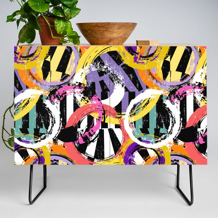 seamless background pattern, with circles, strokes and splashes, on black and white Credenza