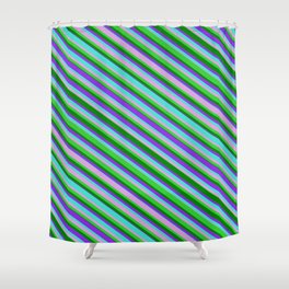 [ Thumbnail: Turquoise, Plum, Lime Green, Green & Purple Colored Lined Pattern Shower Curtain ]
