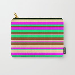 [ Thumbnail: Tan, Fuchsia, Green & Brown Colored Striped Pattern Carry-All Pouch ]
