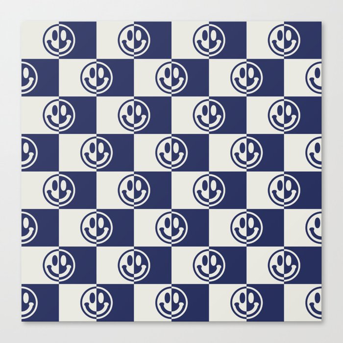 Smiley Faces On Checkerboard (Muted Beige & Dark Blue)  Canvas Print