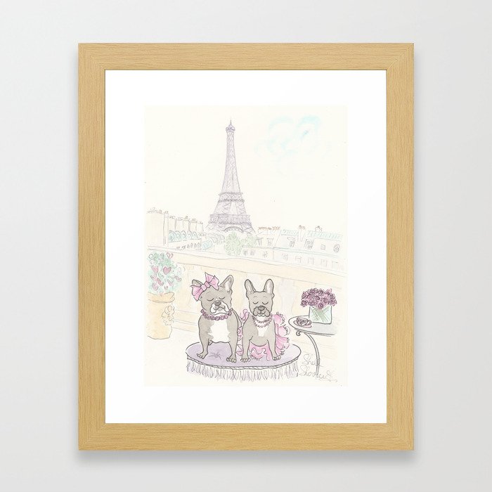 French Bulldogs and Tea in Paris with Eiffel Tower View Framed Art Print