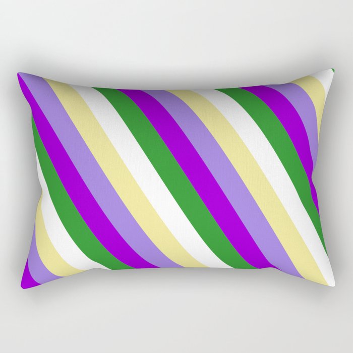 Colorful Tan, Purple, Dark Violet, Forest Green, and White Colored Stripes/Lines Pattern Rectangular Pillow