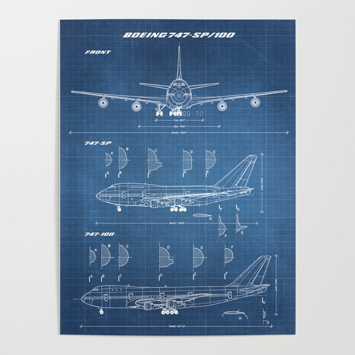 Boeing 747-SP and 747-100 Blueprint in High Resolution (light blue) Poster