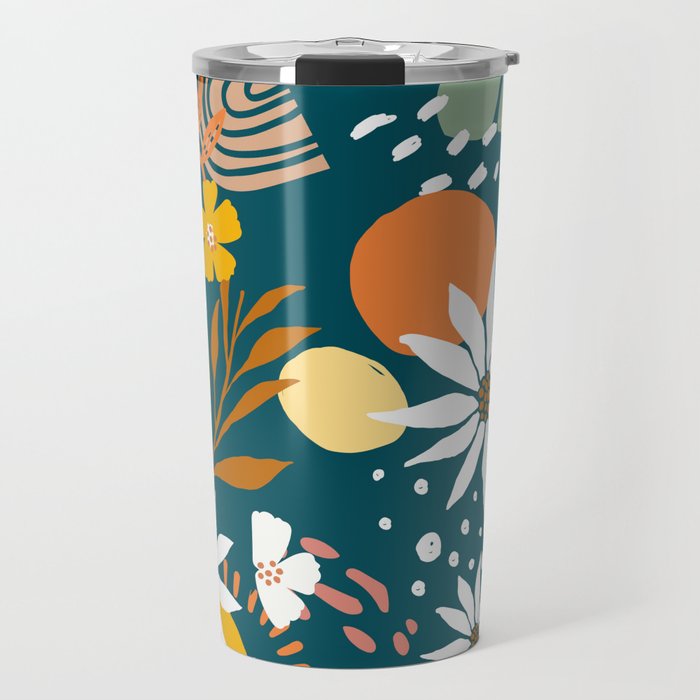 Camomile and monstera emerald green floral pattern Travel Mug