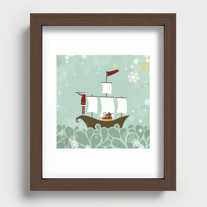 Santa and christmas sailboat Recessed Framed Print