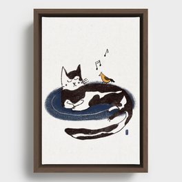 Cat on a Mat with a Bird Friend Framed Canvas