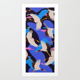 white heron flying in the sky Art Print | Funnyart, Joyfullart, Blueandpink, Bluebird, Goodvibes, Decormyhome, Modernart, Graphicdesign, Botanicprint, Wallmural 