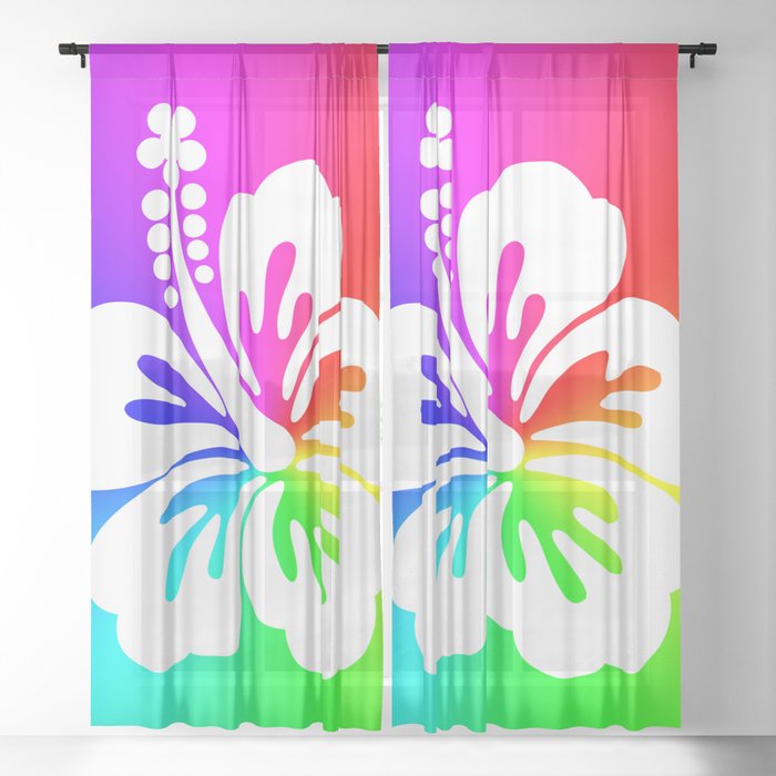 White Hibiscus Flower Bright Rainbow Ombre Sheer Curtain By