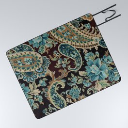 Brown Turquoise Paisley Floral Picnic Blanket