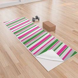 [ Thumbnail: Forest Green, Light Grey, Deep Pink & White Colored Pattern of Stripes Yoga Towel ]