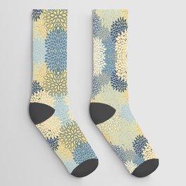 Floral Print, Yellow, Gray, Blue, Teal Socks