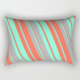 [ Thumbnail: Red, Aquamarine, and Dark Grey Colored Lined/Striped Pattern Rectangular Pillow ]