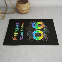[ Thumbnail: 90th Birthday - Fun Rainbow Spectrum Gradient Pattern Text, Bursting Fireworks Inspired Background Rug ]