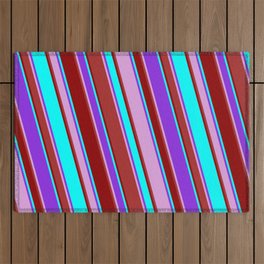 [ Thumbnail: Purple, Plum, Brown, Dark Red & Cyan Colored Lines/Stripes Pattern Outdoor Rug ]