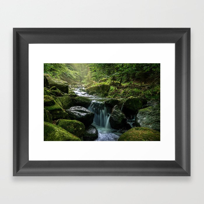 Flowing Creek, Green Mossy Rocks, Forest Nature Photography Framed Art Print