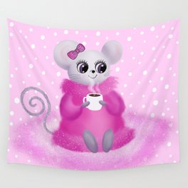 Cute Mouse in Pink at 5 O'clock Tea Wall Tapestry