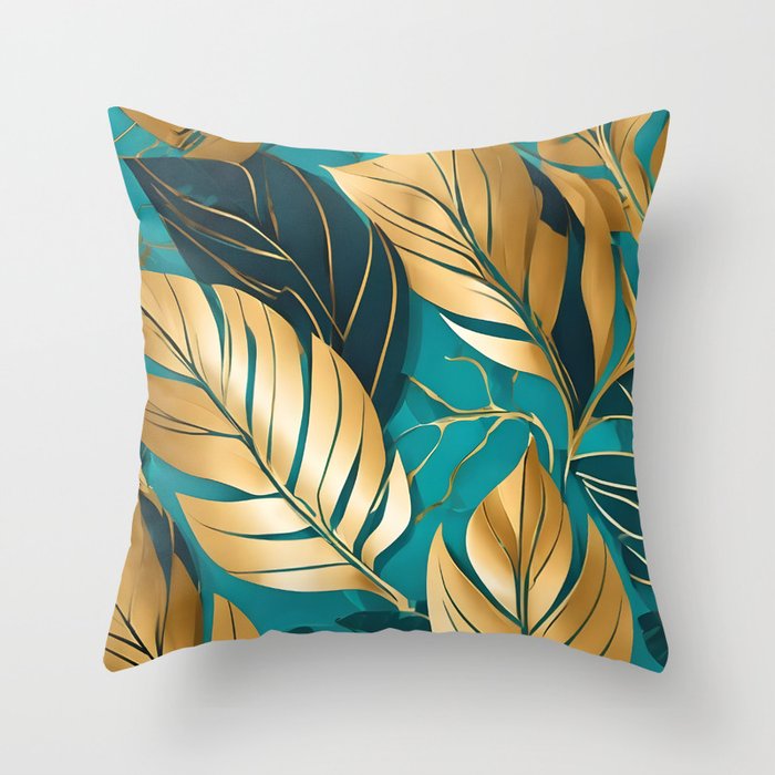 Turquoise Gold Popular Boho Leaves Collection Throw Pillow