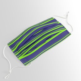 [ Thumbnail: Green & Midnight Blue Colored Stripes Pattern Face Mask ]
