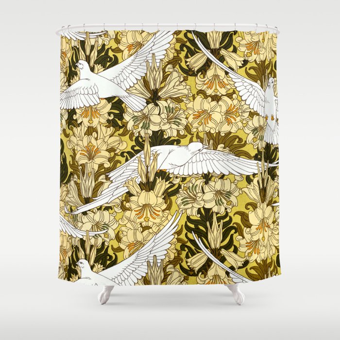 Vintage Art Nouveau White Doves and Lilies Shower Curtain