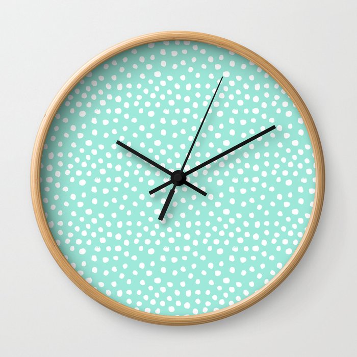 Preppy mint  dots polka dots abstract minimal white brushstroke dot pattern print painting  Wall Clock