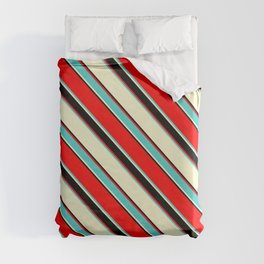 [ Thumbnail: Red, Turquoise, Light Yellow & Black Colored Lined/Striped Pattern Duvet Cover ]