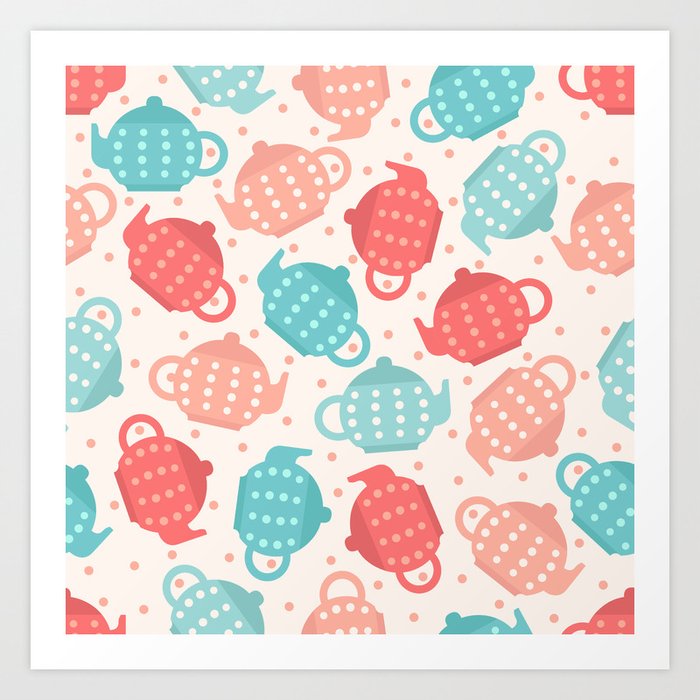 colorful pastel and polka dot teapot pattern Art Print
