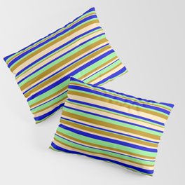 [ Thumbnail: Light Green, Dark Goldenrod, Beige, and Blue Colored Stripes/Lines Pattern Pillow Sham ]
