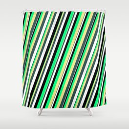 [ Thumbnail: Vibrant Green, Tan, Dark Slate Gray, White, and Black Colored Striped/Lined Pattern Shower Curtain ]