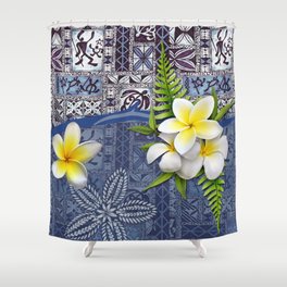 Blue Hawaiian Tapa and Plumeria Shower Curtain
