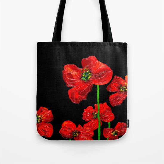 red flowers on black Tote Bag