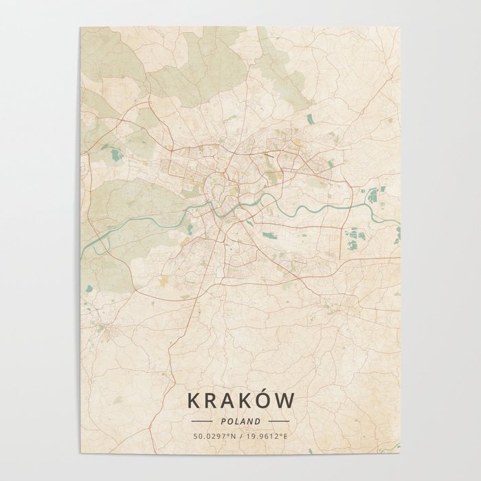 Krakow, Poland - Vintage Map Poster