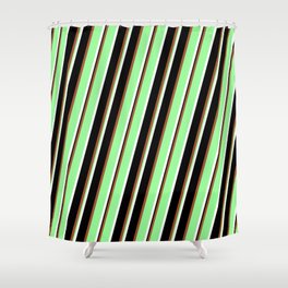 [ Thumbnail: Sienna, Green, White & Black Colored Lined Pattern Shower Curtain ]