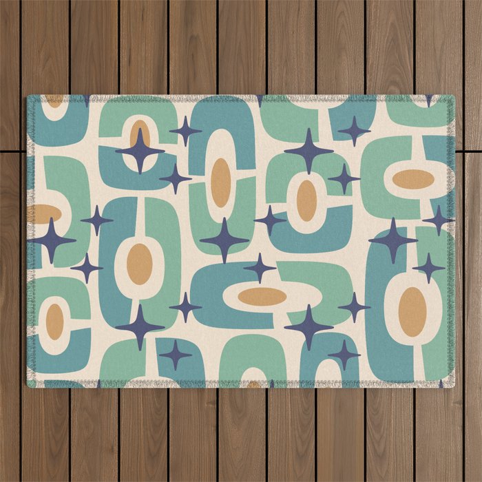 Mid Century Modern Atomic Age Decoration 348 Googie Blue Green Gold and Beige Outdoor Rug